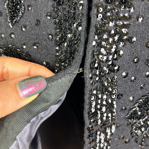 Cyn Les Vintage 1950's Lambs Wool & Angora Sequin Beaded Knit Cardigan Black 40 - Picture 2 of 15